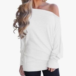 White Long Sleeve off the shoulder Tee with Relaxed Fit and Wide Neckline